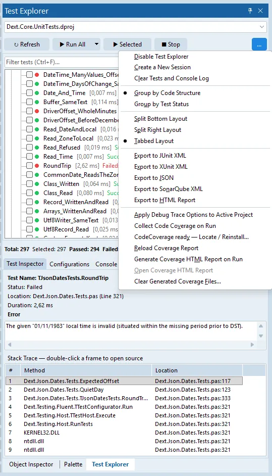Actions and filters in the Dext Test Explorer