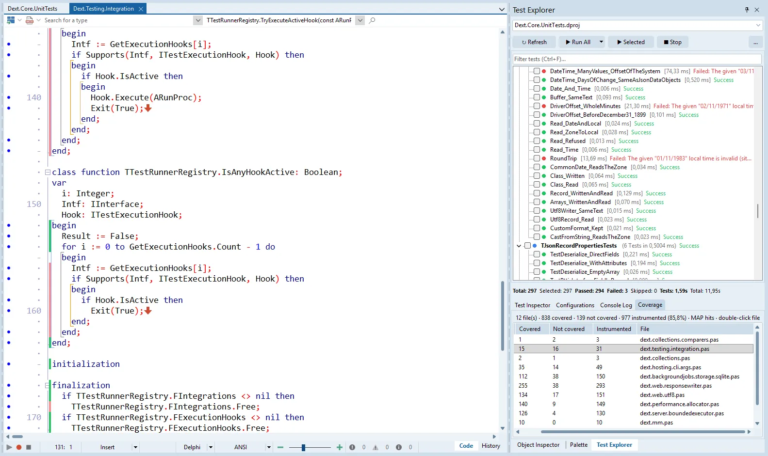 Integrated Code Coverage with Gutter Highlights and Statistics Panel