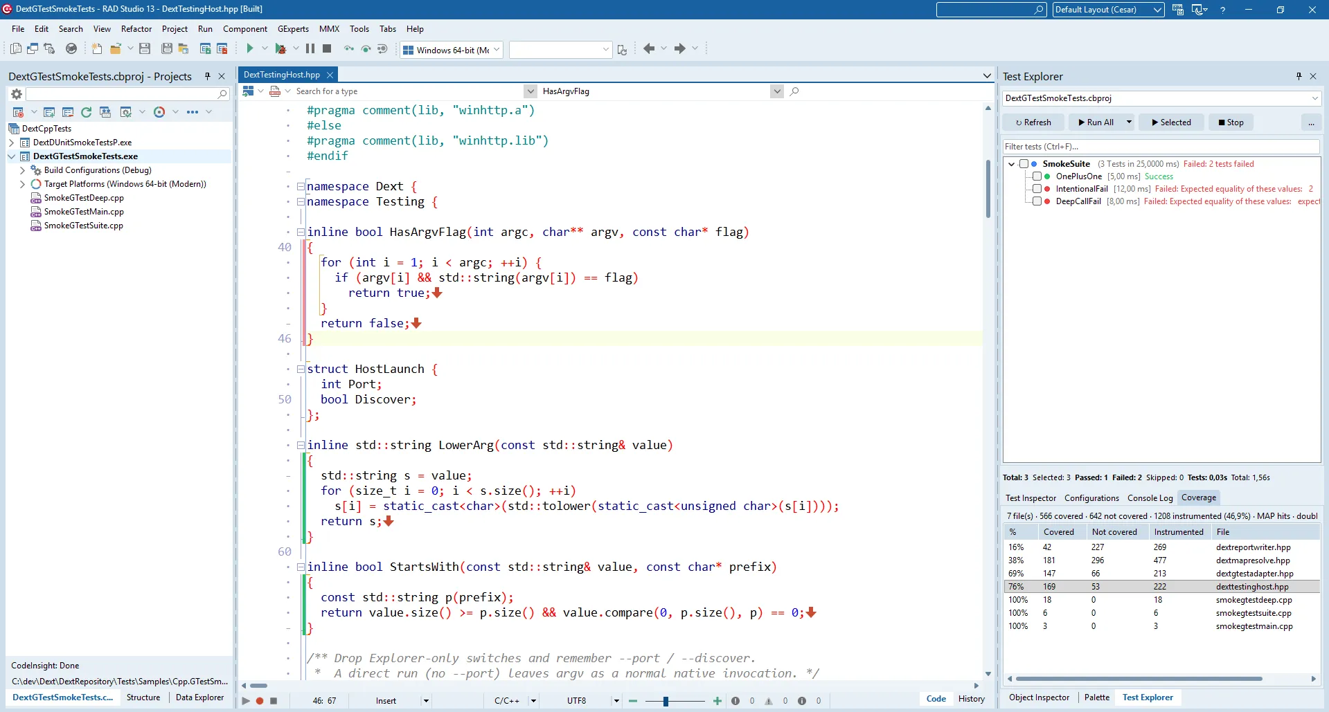 Code Coverage tab and statistics in C++Builder for Win64x