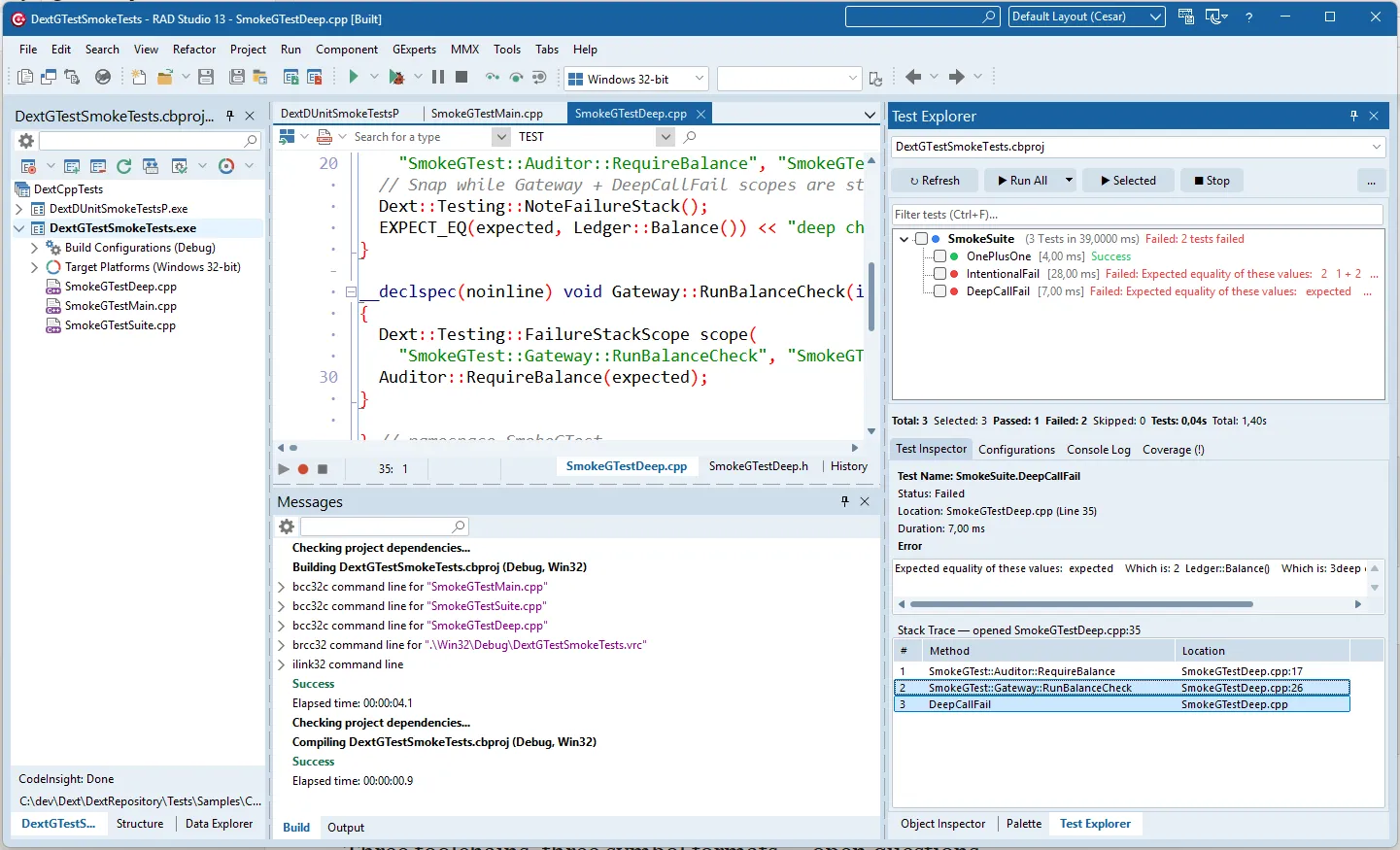 Dext Test Explorer executing Google Test suite in C++Builder