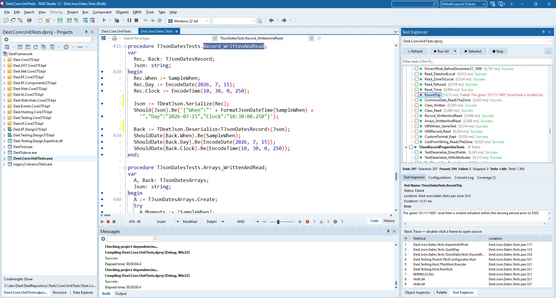 Dext Test Explorer docked in the RAD Studio IDE