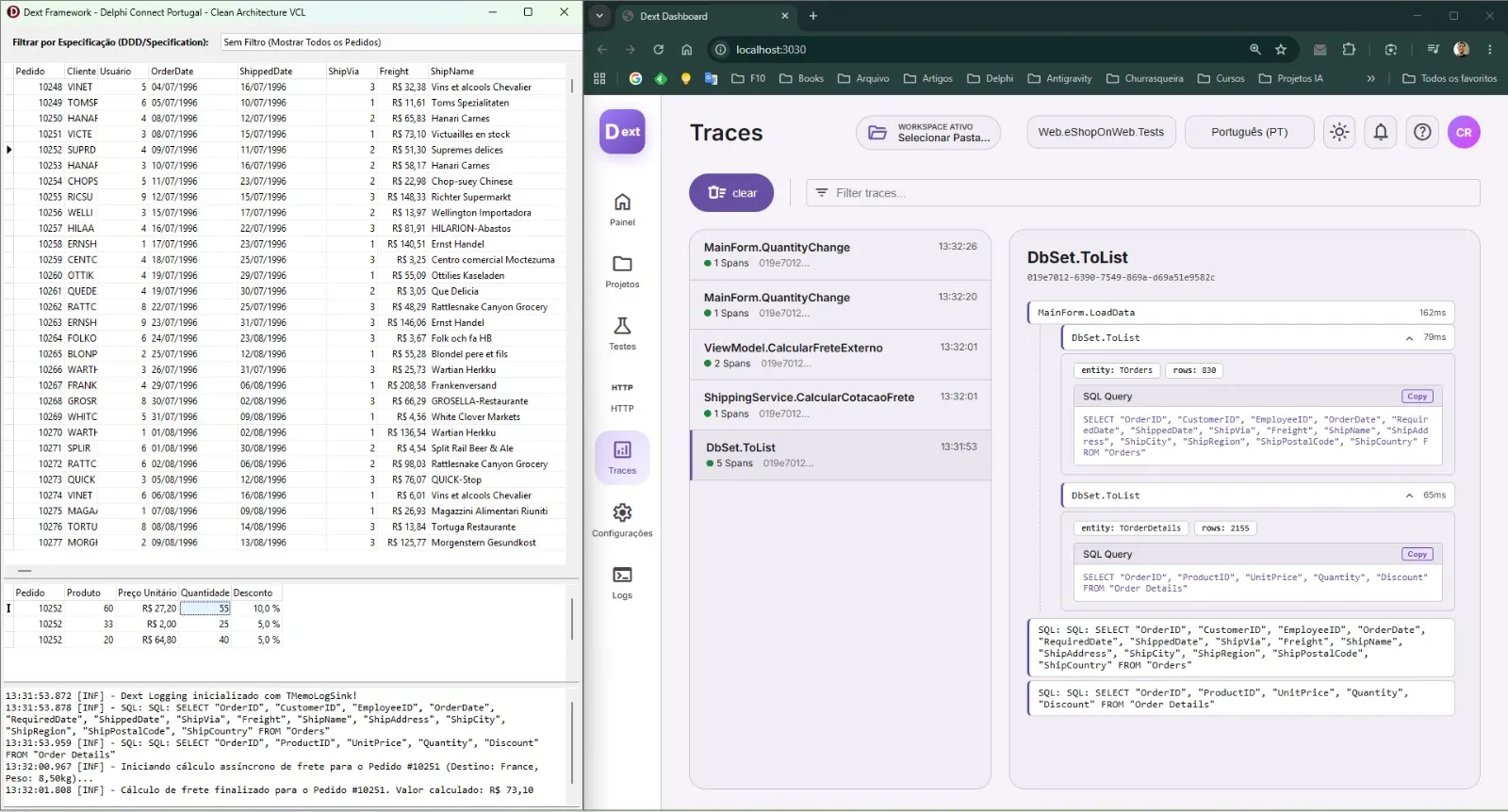 Rastreamento de Traces e Logs Lado a Lado